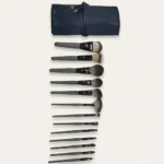 13-piece professional crackle handle makeup brush set with navy blue PU leather roll pouch