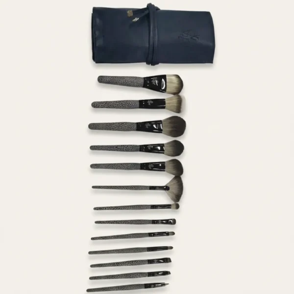 13-piece professional crackle handle makeup brush set with navy blue PU leather roll pouch
