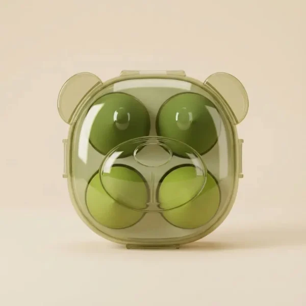 4-piece professional makeup sponge set in green cute bear-shaped breathable storage case