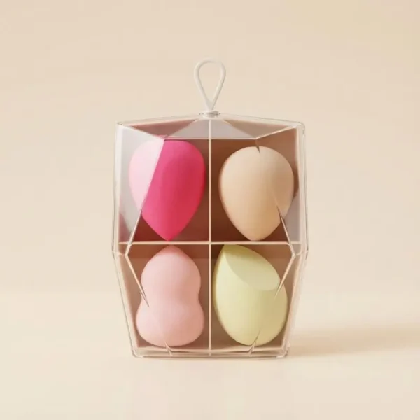 4-piece professional makeup sponge set with transparent acrylic vanity display case