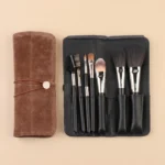 7-piece professional goat hair makeup brush set with roll-up faux leather travel pouch