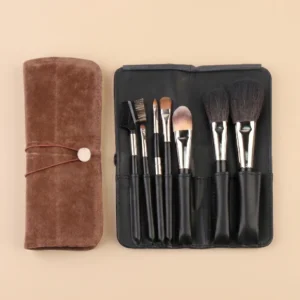 7-piece professional goat hair makeup brush set with roll-up faux leather travel pouch