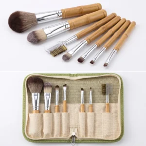 7-piece eco-friendly bamboo handle makeup brush set with natural linen zip pouch