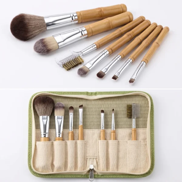 7-piece eco-friendly bamboo handle makeup brush set with natural linen zip pouch