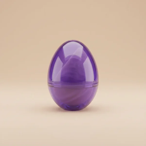 Translucent purple egg-shaped ventilated makeup sponge storage case for vanity display